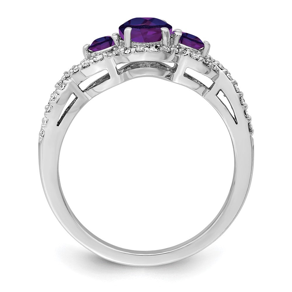 Sterling Silver Rhodium Plated Oval Amethyst & Diamond Ring