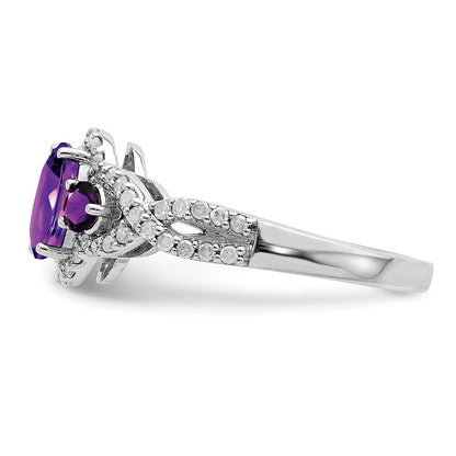 Sterling Silver Rhodium Plated Oval Amethyst & Diamond Ring