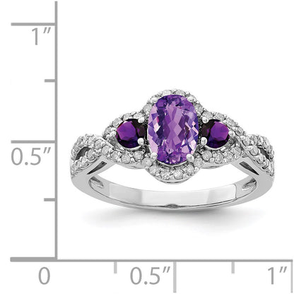Sterling Silver Rhodium Plated Oval Amethyst & Diamond Ring