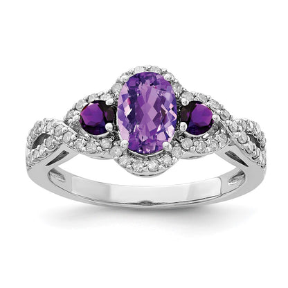 Sterling Silver Rhodium Plated Oval Amethyst & Diamond Ring