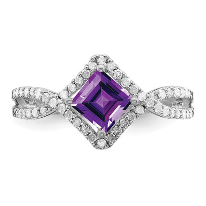 Sterling Silver Rhodium Plated Diamond & Amethyst Ring