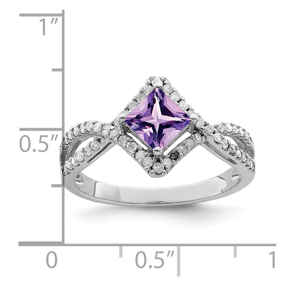 Sterling Silver Rhodium Plated Diamond & Amethyst Ring