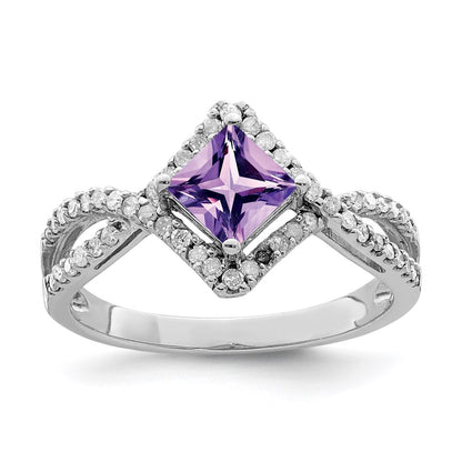 Sterling Silver Rhodium Plated Diamond & Amethyst Ring