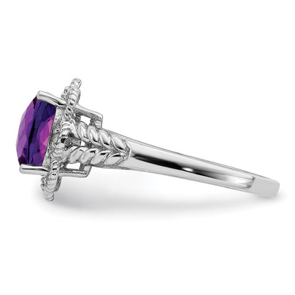 Sterling Silver Rhodium Plated Checker Cut Amethyst & Diamond Ring