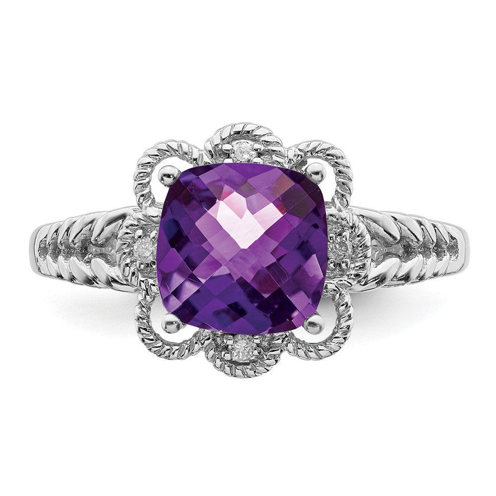 Sterling Silver Rhodium Plated Checker Cut Amethyst & Diamond Ring