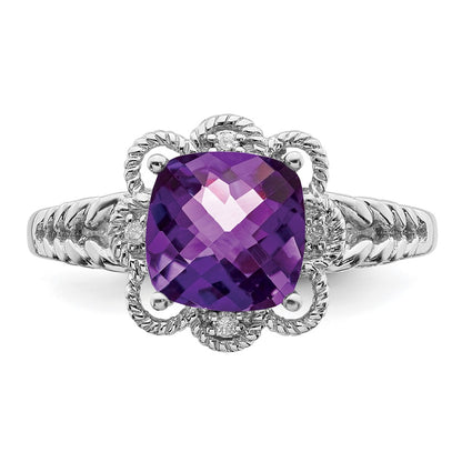 Sterling Silver Rhodium Plated Checker Cut Amethyst & Diamond Ring