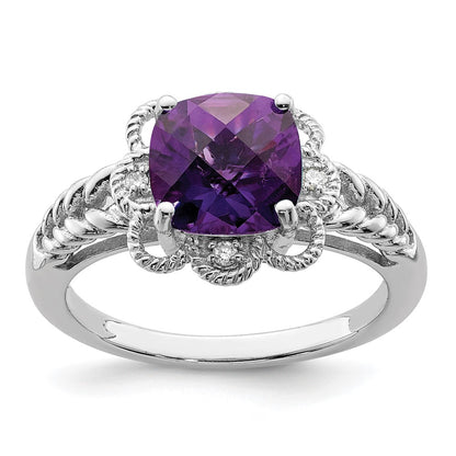 Sterling Silver Rhodium Plated Checker Cut Amethyst & Diamond Ring