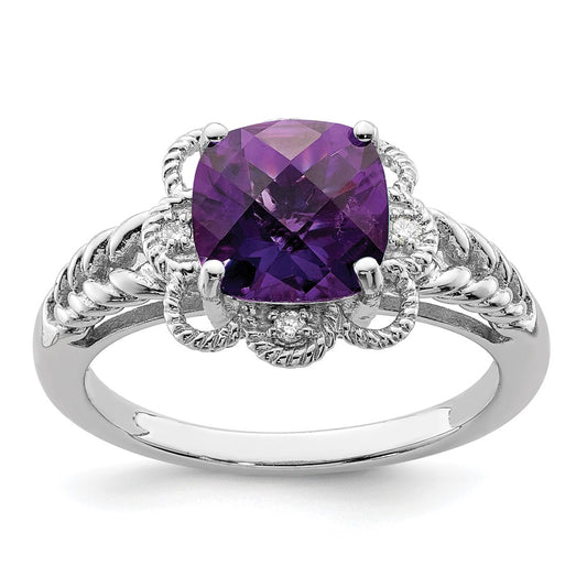 Sterling Silver Rhodium Plated Checker Cut Amethyst & Diamond Ring