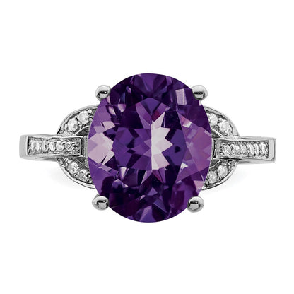 Sterling Silver Rhodium Plated Amethyst & Diamond Ring