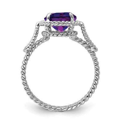 Sterling Silver Rhodium Plated Amethyst Twisted Circle Ring