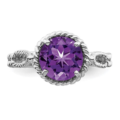 Sterling Silver Rhodium Plated Amethyst Twisted Circle Ring