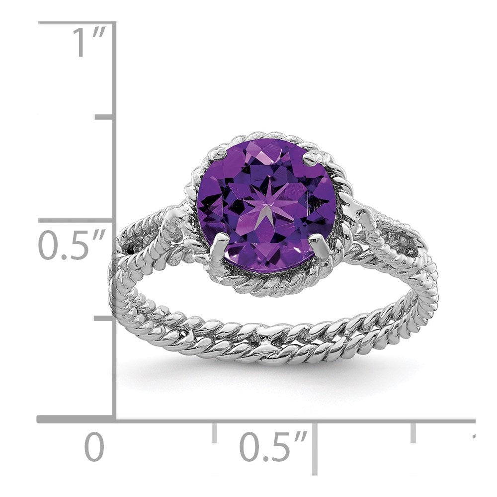 Sterling Silver Rhodium Plated Amethyst Twisted Circle Ring
