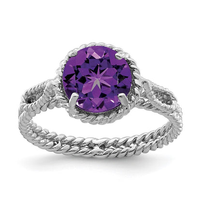 Sterling Silver Rhodium Plated Amethyst Twisted Circle Ring