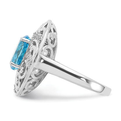 Sterling Silver Rhodium Blue Topaz And Diamond Ring