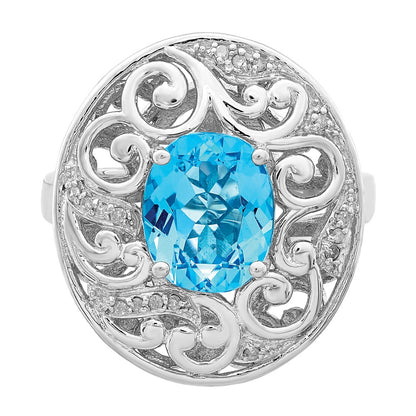 Sterling Silver Rhodium Blue Topaz And Diamond Ring