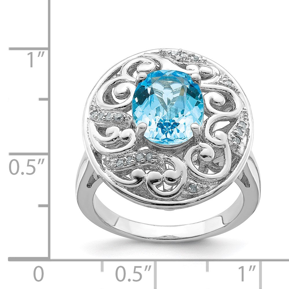 Sterling Silver Rhodium Blue Topaz And Diamond Ring