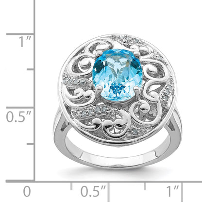 Sterling Silver Rhodium Blue Topaz And Diamond Ring