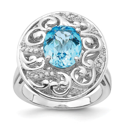 Sterling Silver Rhodium Blue Topaz And Diamond Ring