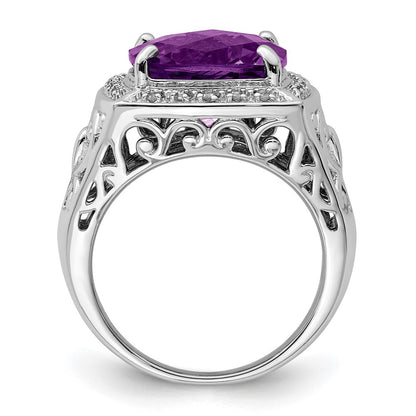 Sterling Silver Rhodium Plated Amethyst And Diamond Ring