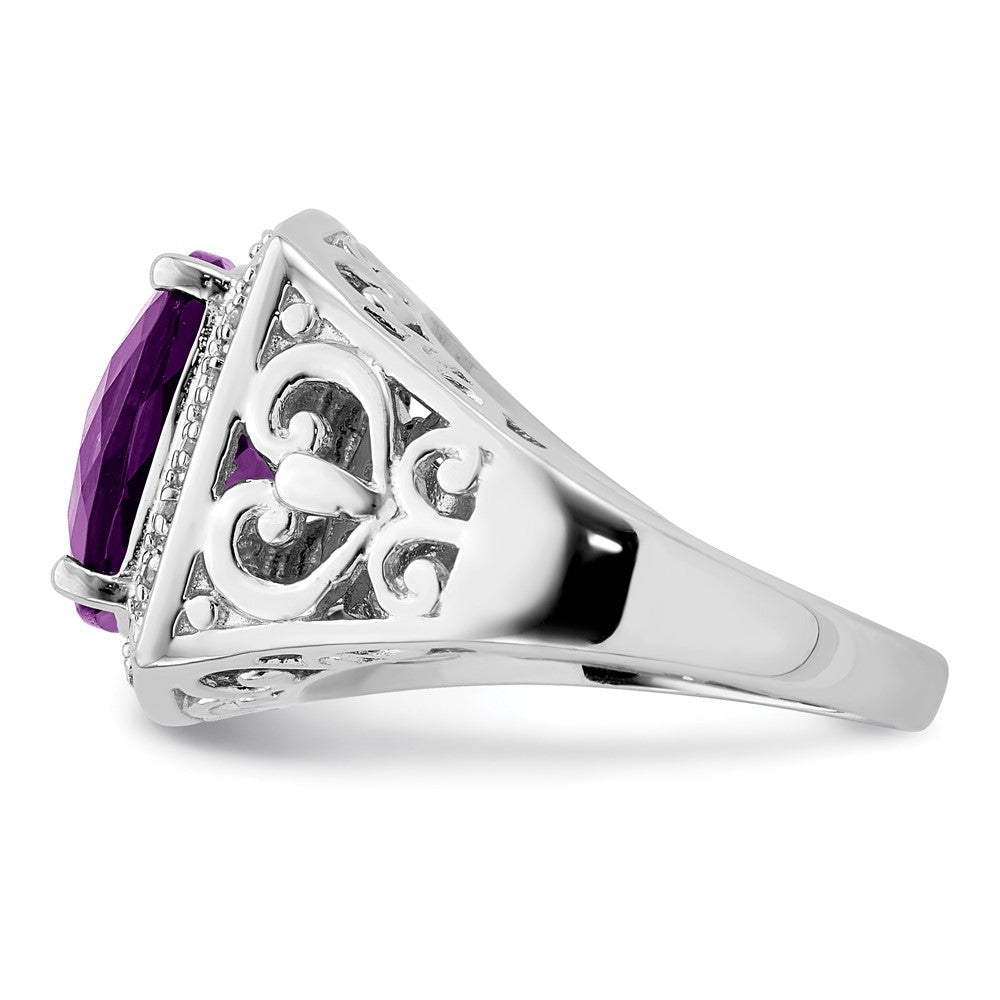 Sterling Silver Rhodium Plated Amethyst And Diamond Ring