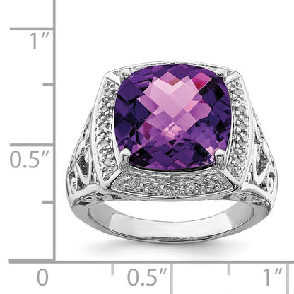 Sterling Silver Rhodium Plated Amethyst And Diamond Ring