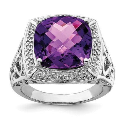 Sterling Silver Rhodium Plated Amethyst And Diamond Ring