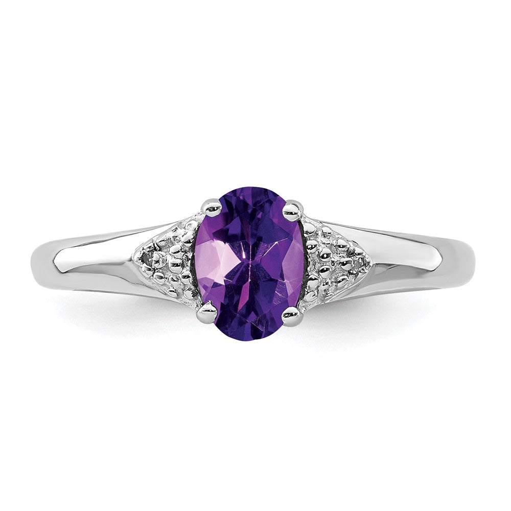 Sterling Silver Rhodium Plated Diamond And Amethyst Ring