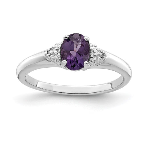 Sterling Silver Rhodium Plated Diamond And Amethyst Ring