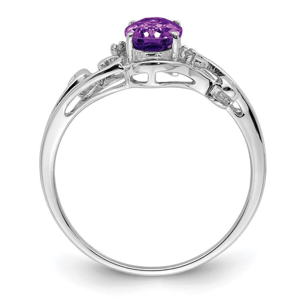 Sterling Silver Rhodium Plated Diamond And Amethyst Oval Ring