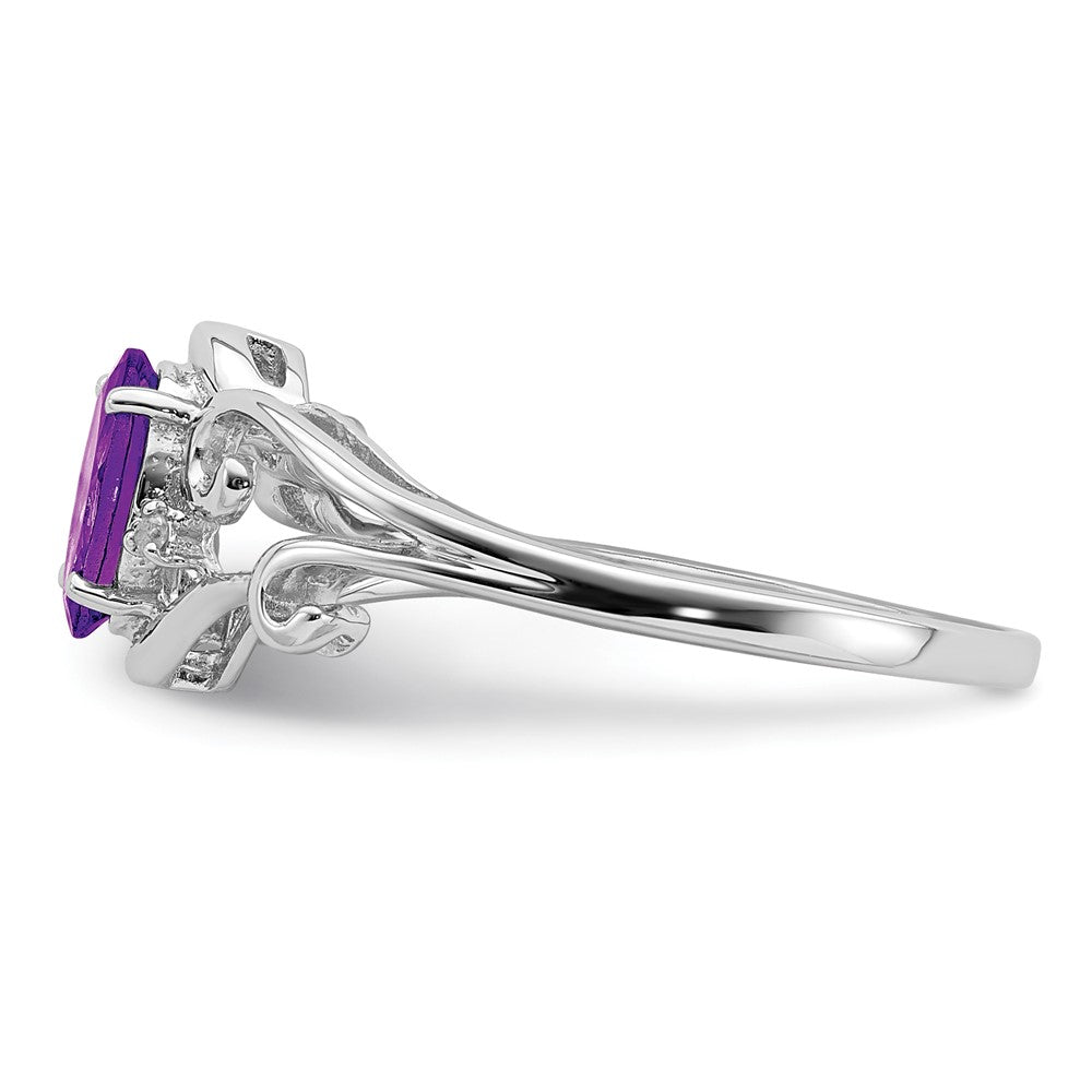 Sterling Silver Rhodium Plated Diamond And Amethyst Oval Ring