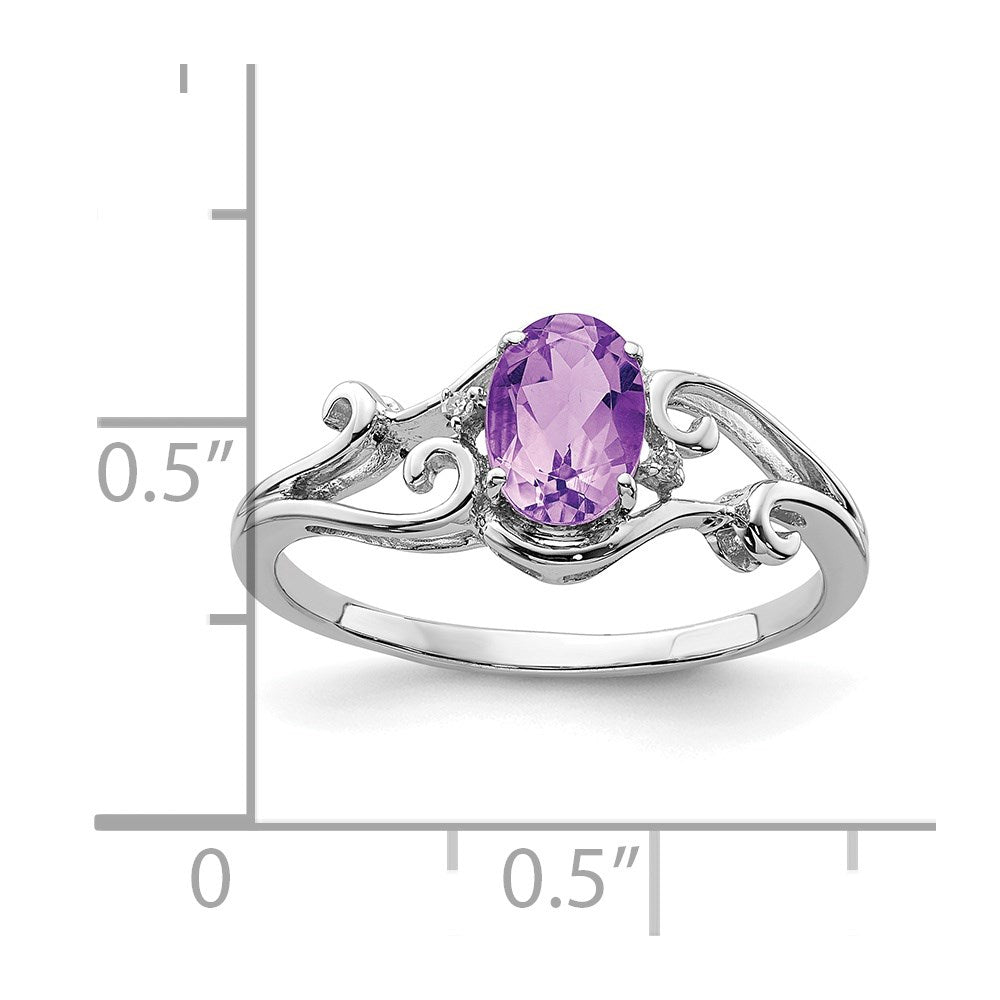 Sterling Silver Rhodium Plated Diamond And Amethyst Oval Ring