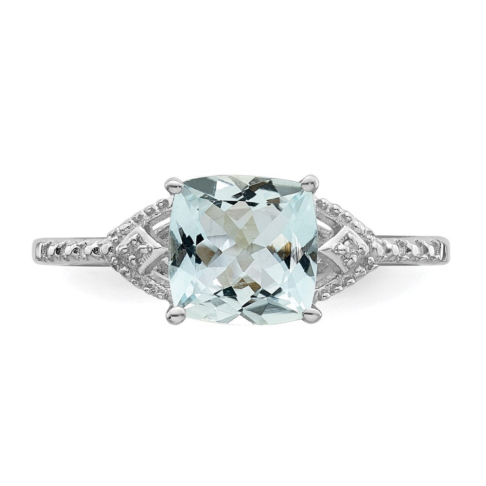 Sterling Silver Rhodium Plated Diamond And Aquamarine Ring