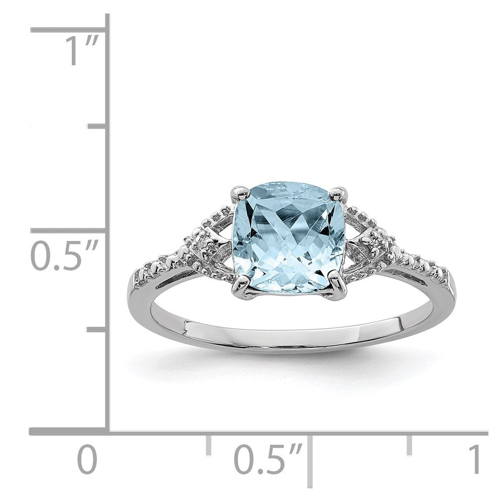 Sterling Silver Rhodium Plated Diamond And Aquamarine Ring