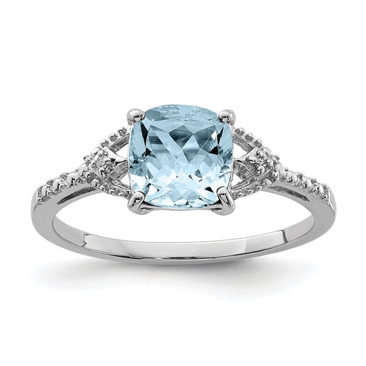 Sterling Silver Rhodium Plated Diamond And Aquamarine Ring