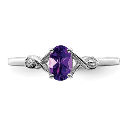 Sterling Silver Rhodium Plated Diamond And Amethyst Oval Ring
