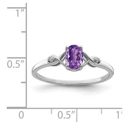 Sterling Silver Rhodium Plated Diamond And Amethyst Oval Ring