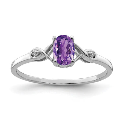 Sterling Silver Rhodium Plated Diamond And Amethyst Oval Ring
