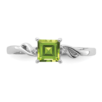 Sterling Silver Rhodium Plated Diamond & Peridot Square Ring