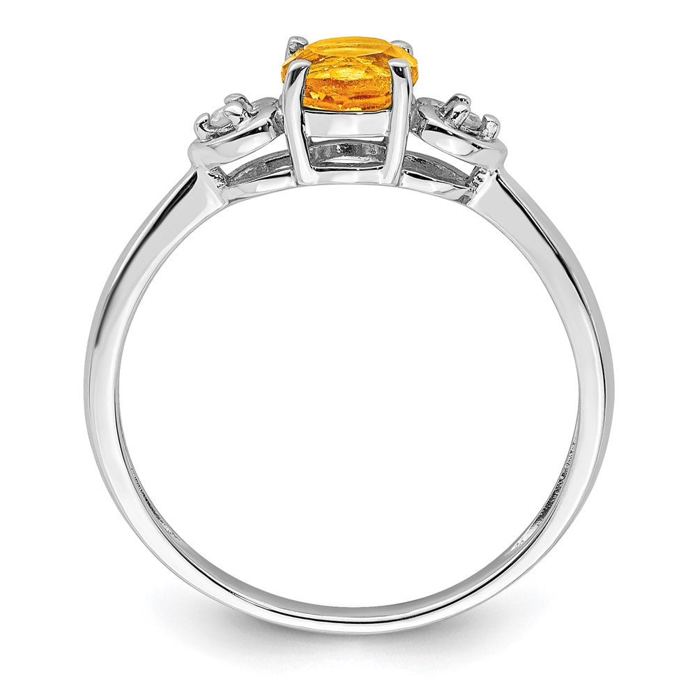 Sterling Silver Rhodium Plated Diamond And Citrine Round Ring