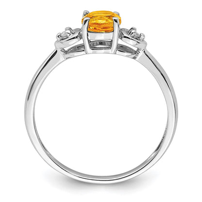 Sterling Silver Rhodium Plated Diamond And Citrine Round Ring