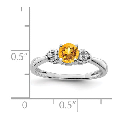Sterling Silver Rhodium Plated Diamond And Citrine Round Ring