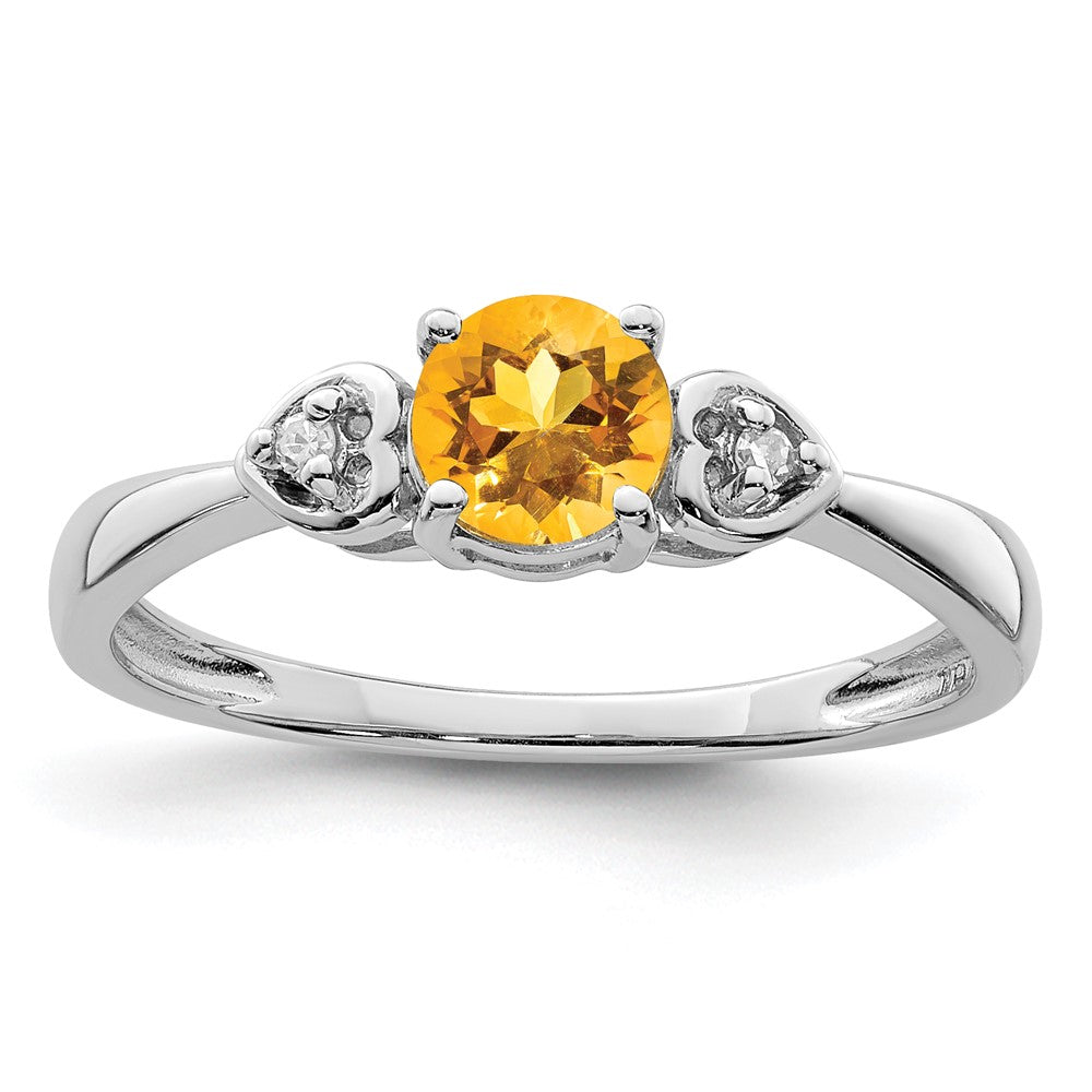 Sterling Silver Rhodium Plated Diamond And Citrine Round Ring