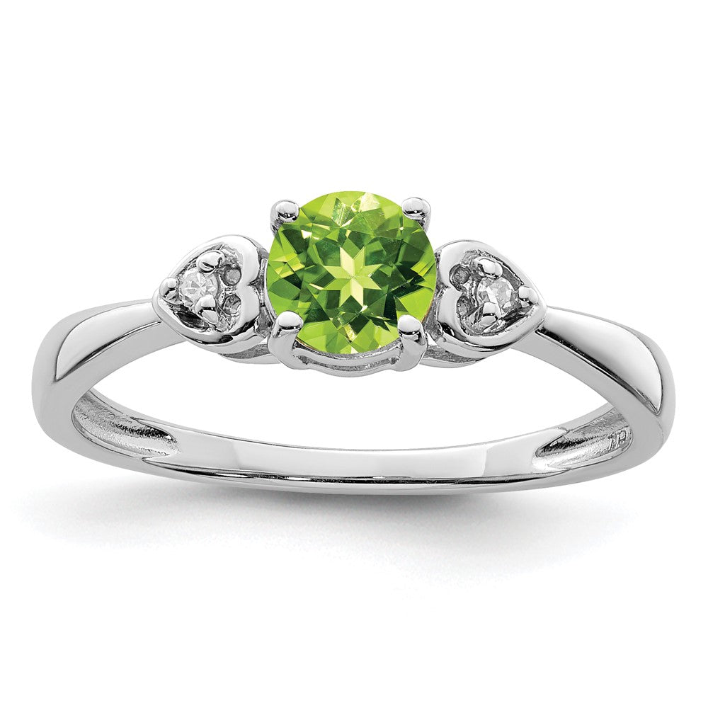 Sterling Silver Rhodium Plated Diamond And Peridot Round Ring