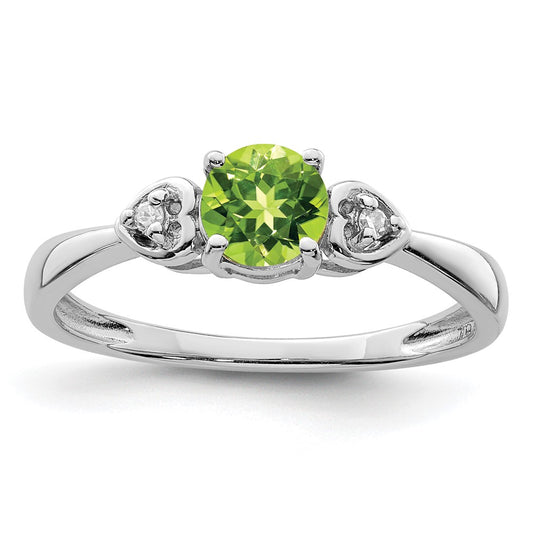 Sterling Silver Rhodium Plated Diamond And Peridot Round Ring