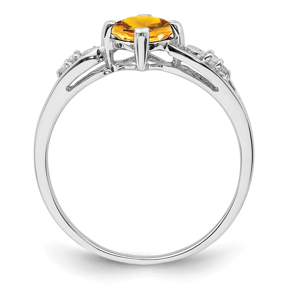 Sterling Silver Rhodium Plated Diamond And Citrine Cushion Ring