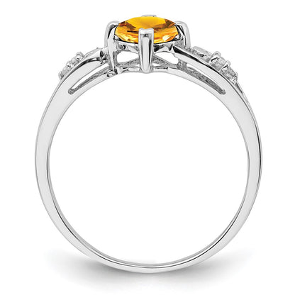 Sterling Silver Rhodium Plated Diamond And Citrine Cushion Ring