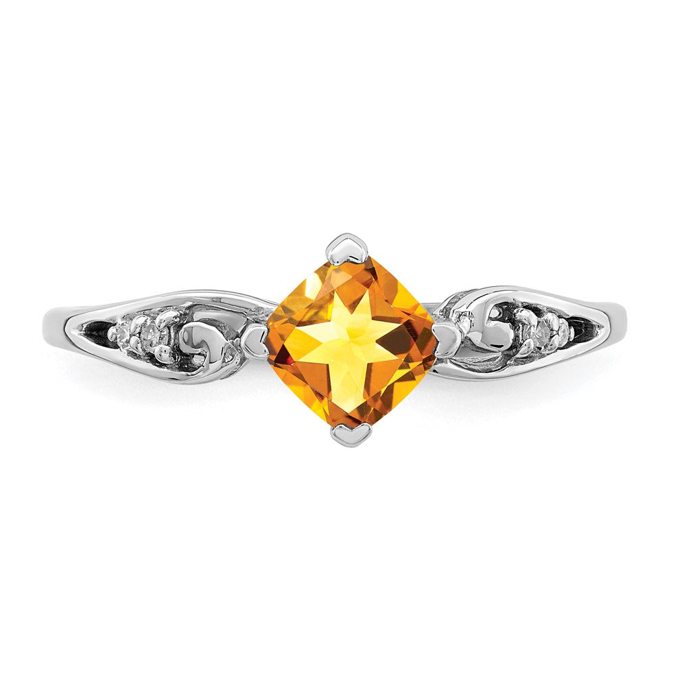 Sterling Silver Rhodium Plated Diamond And Citrine Cushion Ring