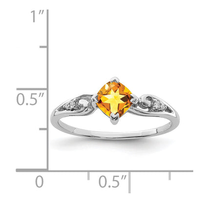 Sterling Silver Rhodium Plated Diamond And Citrine Cushion Ring