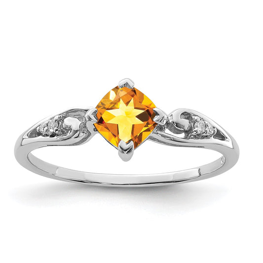 Sterling Silver Rhodium Plated Diamond And Citrine Cushion Ring