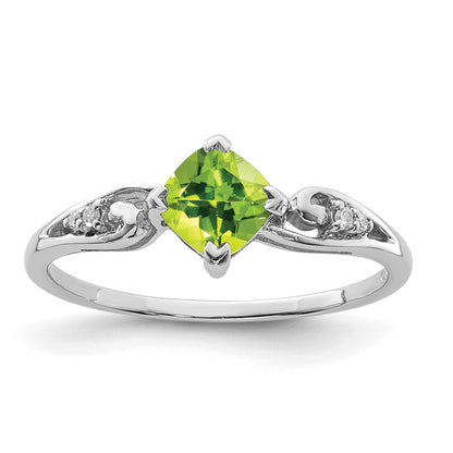 Sterling Silver Rhodium Plated Diamond And Peridot Cushion Ring